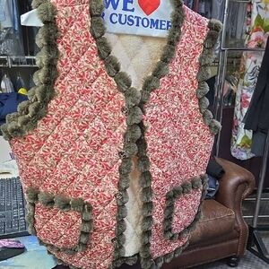 Floral Quilted Vest with Pom Pom Trim